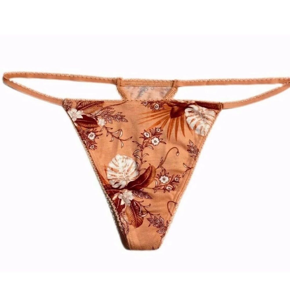 Victorias Secret Pink Supersoft Cotton Picot V string Panty floral peach Large